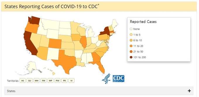 미국의 주별 코로나19 확진자 지도. 주요 대학들이 몰려 있는 동부와 캘리포니아주 지역은 상업지역 역시 많고 국내외 유동인구가 많아 전염병이 빠르게 퍼진다. CDC 홈페이지 캡처