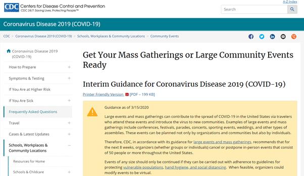 미국 질병통제예방센터가 15일 "50인 이상 행사를 열지 말라"는 권고 지침을 발표했다. 질병통제예방센터 홈페이지 캡처
