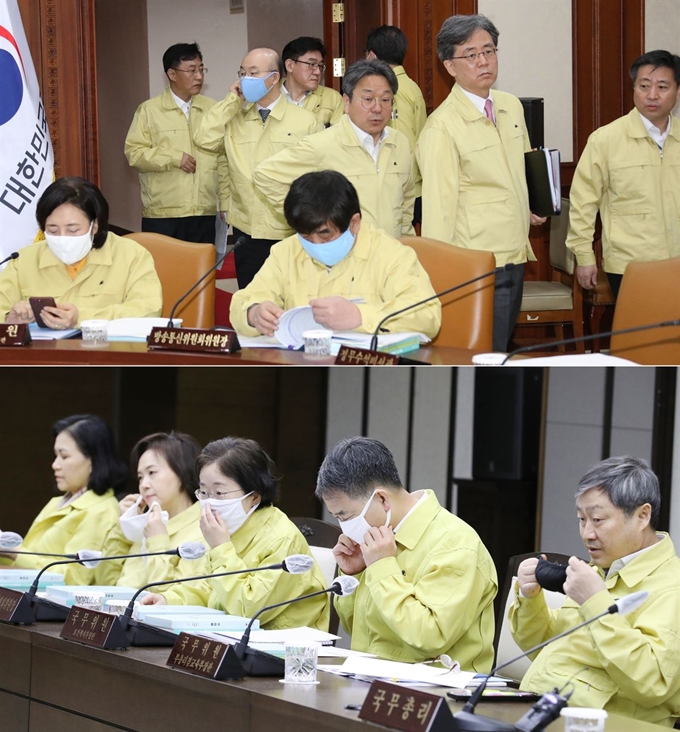 윤도한 청와대 국민소통수석(위 사진 오른쪽부터), 김현종 국가안보실 2차장, 강기정 정무수석이 마스크를 착용하지 않은 채 국무회의장에 입장하는 동안 미리 진행자의 안내를 받은 국무위원들은 마스크를 착용하고 있다. 같은 시간 정부세종청사에서도 국무위원들이 서둘러 마스크를 착용하고 있다. 왕태석 선임기자 세종=연합뉴스