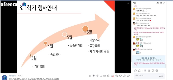 16일 아프리카TV에서 진행된 건양대 중등특수교육과 개강총회. 학생회장 최우식씨가 코로나19로 1학기 일정이 바뀔 수 있다고 설명하고 있다.