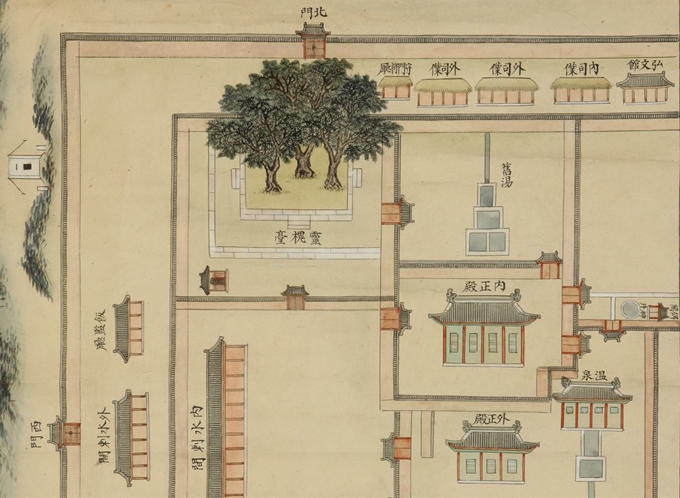 세 그루의 회화나무가 무성하게 자란 영괴대의 옛 모습. 국립중앙박물관 제공