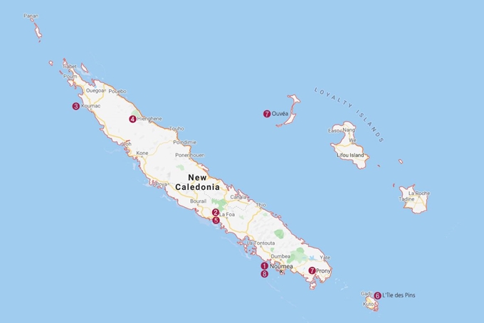 뉴칼레도니아 지도. 번호는 하룻밤 이상을 묵은 곳이다. 본섬 뉴메아(①)에서 출발해 북쪽을 거쳐 동쪽을 훑는 뒤 뒤 다른 섬을 떠돌다가 다시 본섬으로 돌아오는 것으로 뉴칼레도니아 여정을 마쳤다.