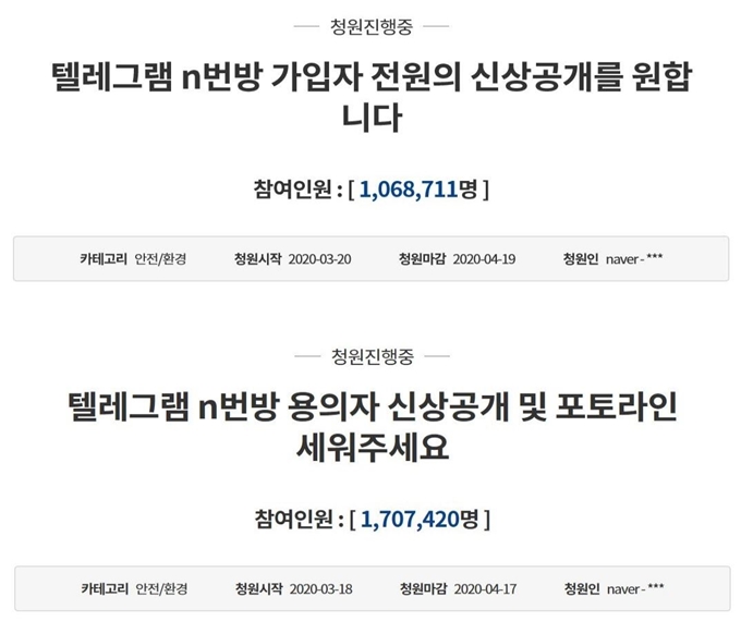 텔레그램 n번방 가입자 전원의 신상을 공개해달라는 청와대 국민청원이 100만명을 돌파했다. 청와대 국민청원 캡처