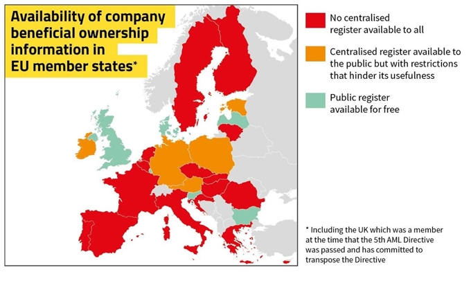 빨간색은 중앙화된 기업 실소유주 공개 등록시스템이 부재한 나라를, 주황색은 중앙화된 시스템은 있으나 접근에 제한을 둔 나라를, 연두색은 공공 시스템을 보유한 나라를 가리킨다. 반부패운동 전문 비정부기구(NGO) ‘글로벌 위트니스’ 홈페이지 캡처.