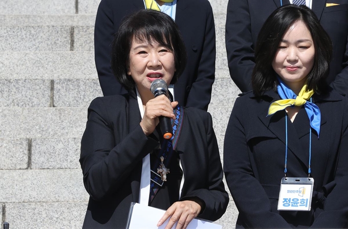 열린민주당 비례대표후보자 추천관리위원장인 손혜원(왼쪽) 의원이 22일 오전 서울 여의도 국회 본청앞 계단에서 열린 열린민주당 비례대표 후보자 출마자 기자회견에서 발언하고 있다. 연합뉴스