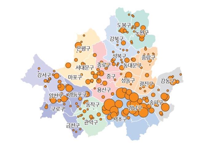 2013~2015년 고등학교별 서울대 진학률. 원 크기가 클 수록 서울대 진학률이 높다. 한국조세재정연구원 제공