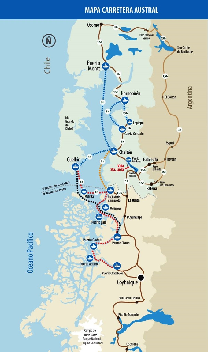 칠레 남부를 여행하려면 페리를 밥 먹듯 타야 한다. 파란색 배 모양이 그 증거. 도로로 이동하려면 아르헨티나 국경을 통과해야 한다. ⓒchileestuyo.cl