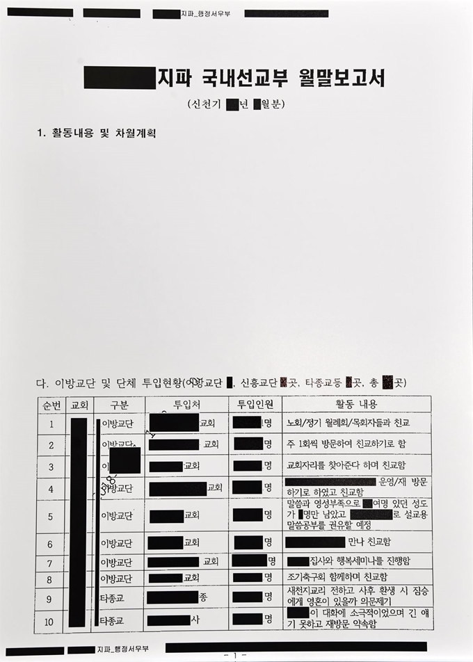 서울시가 26일 신천지 예수교 사단 법인 취소를 알리며 공개한 신천지 포교 활동 문건. 서울시 제공