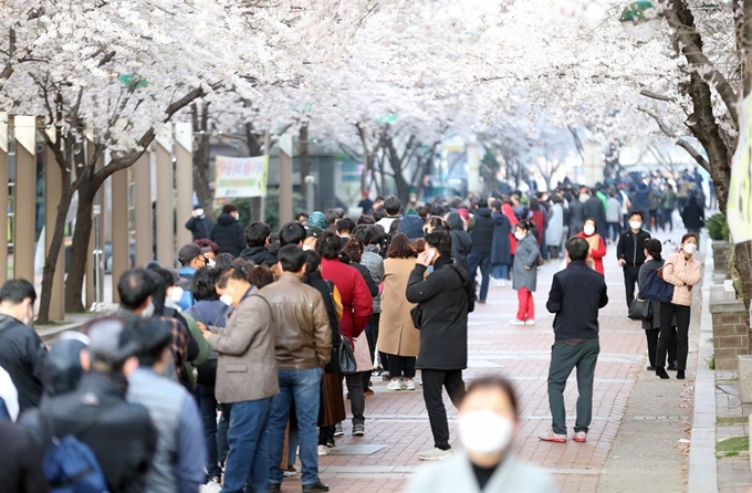 25일 오전 대구시 북구 칠성동 소상공인시장진흥공단 대구 북부센터에 신종 코로나바이러스 감염증(코로나19) 관련 소상공인 대출 상담을 받기 위해 1천여명의 소상공인이 길게 줄지어 기다리고 있다. 대구=연합뉴스