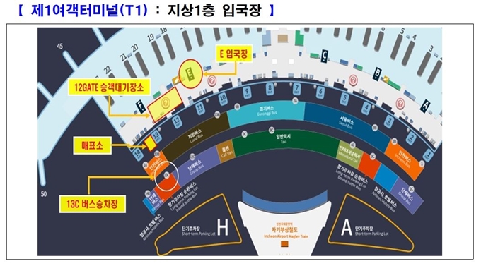 인천공항 제1여객터미널에 설치된 경기도민 전용 공항버스 안내부스 위치도. 경기도 제공