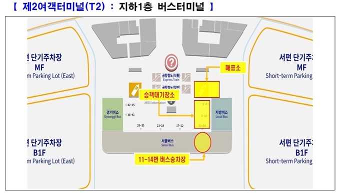 인천공항 제2여객터미널에 설치된 경기도민 전용 공항버스 안내부스 위치도. 경기도 제공