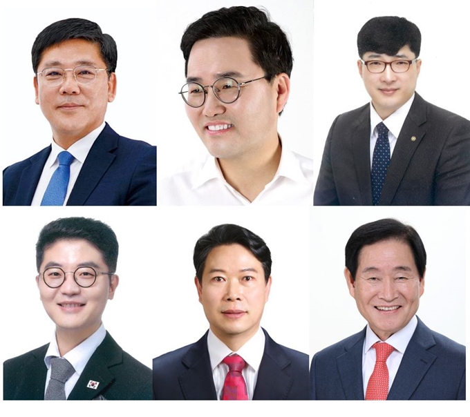 (위 왼쪽부터)더불어민주 권택흥, 미래통합 홍석준, 민생 김기목 (아래 왼쪽부터)우리공화 이성우, 배당금 안상원, 무소속 곽대훈 후보.