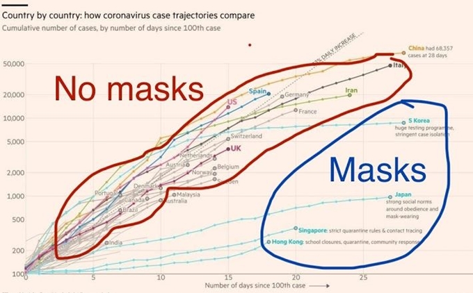트위터에서 마스크 착용 국가와 미착용 국가를 비교한 그래프가 화제가 되고 있다. 트위터 캡처