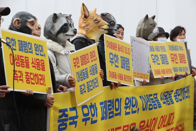 1월 29일 오후 서울 중구 주한중국대사관 앞에서 열린 ‘중국 우한 폐렴의 원인인, 야생동물 식용중단을 촉구하는 기자회견’에서 한국동물보호연합 소속 참석자들이 동물 가면을 쓰고 구호를 외치는 퍼포먼스를 하고 있다. 연합뉴스