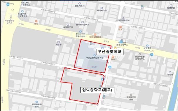 부산 사상구 삼락동 일원 ‘삼락중학교’, ‘부산솔빛학교’ 위치도. 부산시 제공