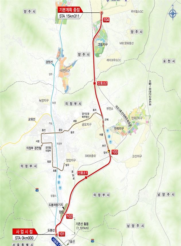 7호선 도봉산~양주 옥정 연장 사업 노선도. 인구 밀집지역인 의정부 민락2지구가 노선계획에 빠져 있다. 경기도 제공