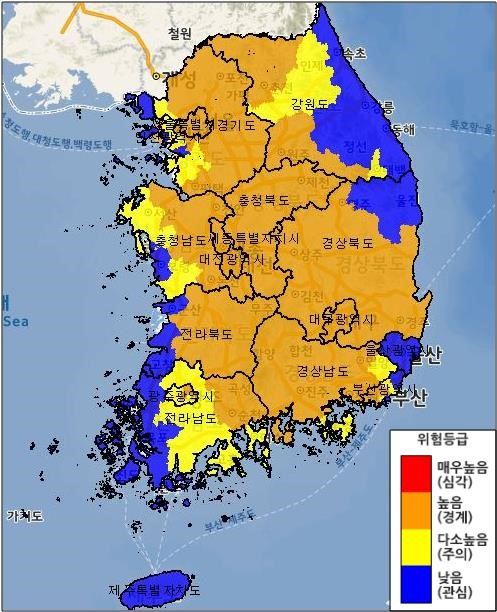 15일 오후 전국 산불위험지수 현황. 산림과학원 제공