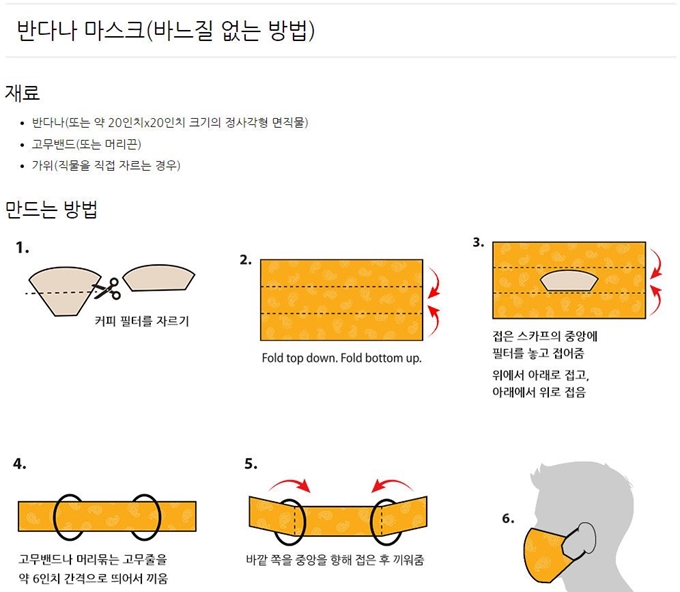 미국 질병통제예방센터(CDC)가 한글로 안내한 천마스크 만드는 방법. 미국 질병통제예방센터(CDC) 홈페이지 캡처