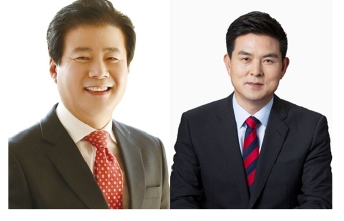 경남 산청 함양 거창 합천 선거구에서는 미래통합당 강석진(왼쪽) 후보와 무소속 김태호(오른쪽) 후보가 접전을 벌이고 있다. 중앙선거관리위원회 제공