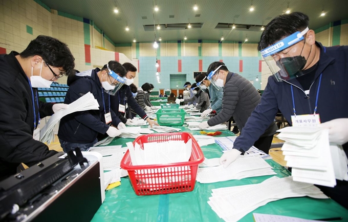 제21대 국회의원 선거가 끝난 15일 저녁 충남 태안군 선거사무요원들이 태안군민체육관에서 지난 10∼11일 치러진 사전투표함을 개표하고 있다. 연합뉴스