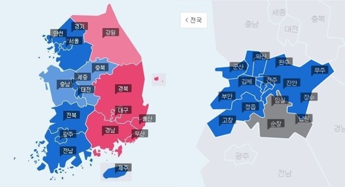 4•15 총선에서 호남은 파란색, 영남은 분홍색으로 뒤덮였다. 호남에선 더불어민주당이, 영남에선 미래통합당이 뚜렷한 강세를 보였다. 그 가운데 여야가 각각 싹쓸이한 선거구에 반대 정당의 후보자가 의외로 선방하는 사례도 나온다. 오른쪽 사진은 전북의 투표 결과를 나타낸 지도. 민주당이 9석을 가져갔지만, 전북ㆍ전남ㆍ광주만은 이용호 무소속 당선인이 승리를 거뒀다. 네이버 투표율 지도 캡처