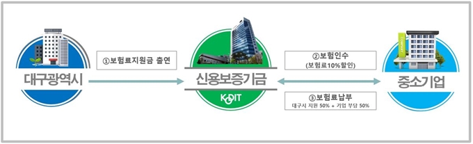 대구시 보험료지원 협약보험 기본 구조도. 신보제공