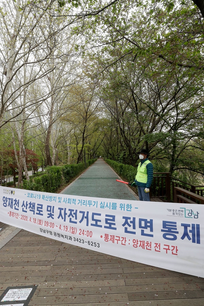 지난 19일 코로나19 확산 방지를 위해 전면 통제된 양재천 벚꽃길. 뉴시스