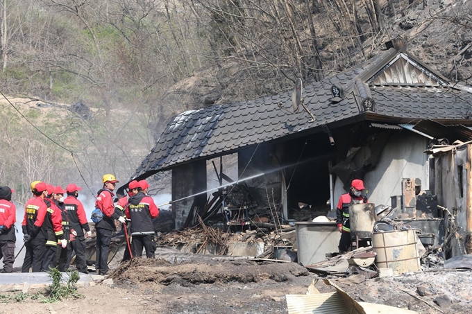 경북 안동시 남후면 고하리의 산불로 모두 타버린 한 주택에서 소방당국 관계자들이 잔불을 정리하고 있다. 연합뉴스