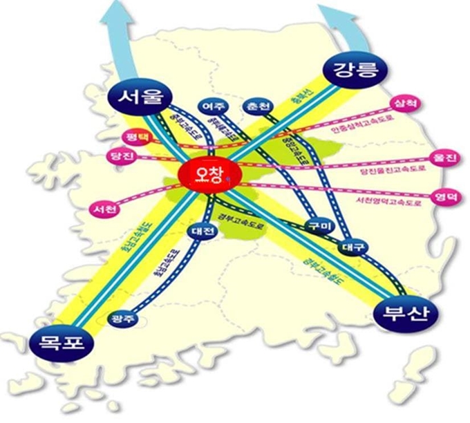 충북의 방사광가속기 후보지인 청주시 오창산업단지 위치도. 사통팔달의 교통망으로 전국 어디서나 2시간 안에 닿을 수 있는 게 강점이다. 청주시 제공