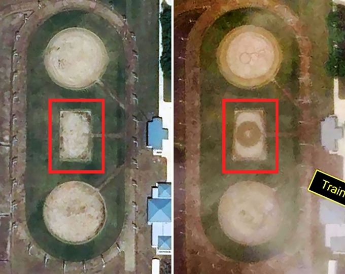 미국의 북한 전문 매체 38노스가 지난달 25일 보도한 위성사진 중 기차역 앞 김정은 전용 승마장을 확대한 이미지. 왼쪽은 지난달 15일, 오른쪽은 21일 촬영된 사진이다. 두 사진의 붉은색 네모 안을 비교해 보면 오른쪽(21일) 사진의 마장에서 바닥 흙을 고른 것으로 추정되는 변화가 눈에 띈다. 38노스 홈페이지 캡처