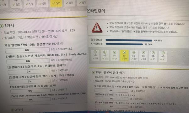 광주의 한 사립대학 시간강사가 올린 ‘교양일어’ 온라인강의 수업내용. 유튜브에서 퍼온 각양각색의 영상들로 구성돼있다. 온라인 커뮤니티 캡처