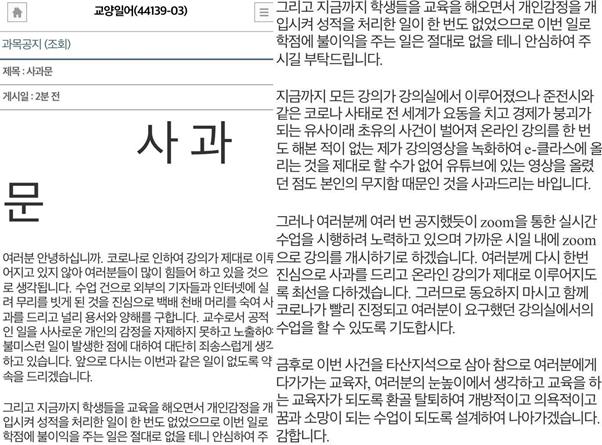 조선대 글로벌인문대 소속 강사가 올린 사과문. 온라인 커뮤니티 캡처