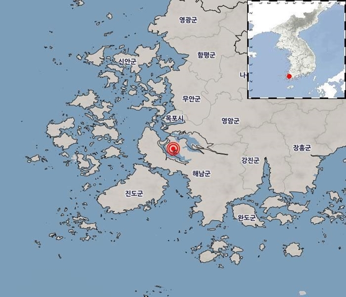 3일 지진이 발생한 전남 해안군 서북서쪽 21km 지역. 기상청 제공