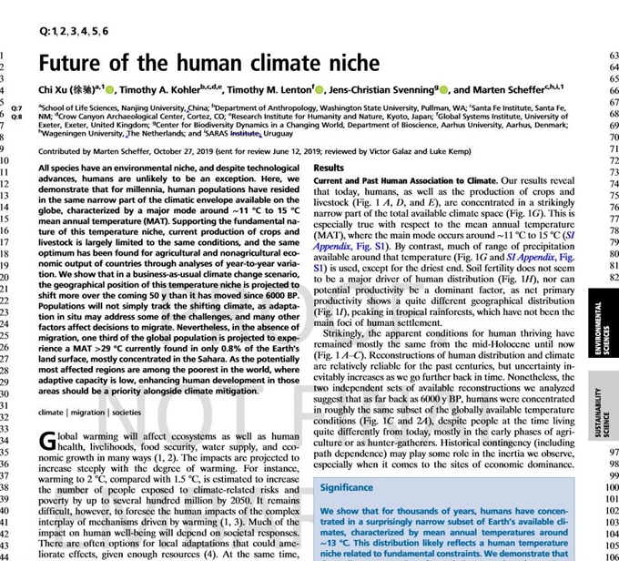 5일 미국 국립과학원 회보(PNAS)에 실린 논문 'Future of the Human Climate Niche(인류 거주 적합지역의 미래)'. GSCC 제공