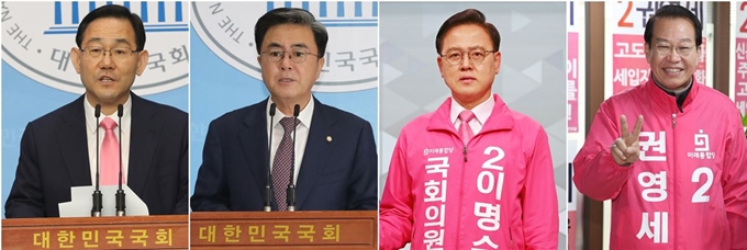 오는 8일 실시되는 미래통합당 원내대표 경선이 후보등록을 앞두고 후보 간 단일화가 이뤄지는 등 4파전으로 압축됐다. 왼쪽부터 원내대표에 출마하는 주호영, 김태흠, 이명수 의원, 권영세 당선자. 연합뉴스