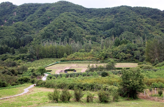 먼 발치에서 본 환도산성의 궁전 유적지