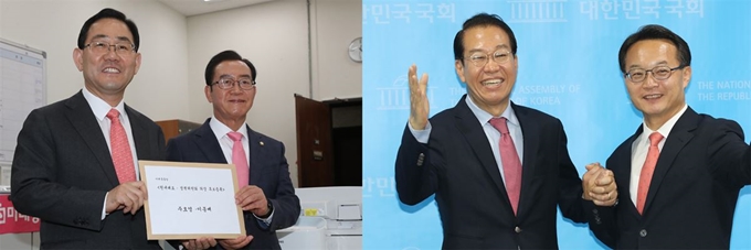 미래통합당 원내대표 선거가 주호영 의원과 권영세 당선인 2파전으로 8일 실시된다. 주호영 의원(사진 왼쪽)은 정책위의장에 이종배 의원을, 권영세 당선자는 조해진 당선자를 정책위의장 동반 후보로 함께 출마한다. 연합뉴스