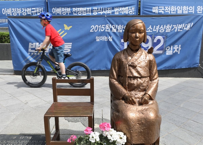 8일 매주 수요일 수요집회가 열리는 서울 종로구 옛 일본대사관 앞 소녀상 뒤로 시민들이 오가고 있다. 뉴스1