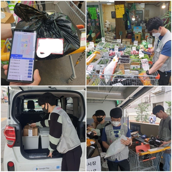 전통시장 물건이 고객에게 배달되는 과정. 먼저 놀장 직원이 물품마다 부여된 코드번호를 통해 고객 주문과 같은 상품인지 확인(왼쪽 위부터 시계방향), 카드에 담긴 물건이 다 담겼는지 체크, 포장센터에서 분류 포장, 경차에 실어 배달. 윤태석 기자 sportic@hankookilbo.com