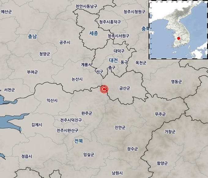 13일 오후 3시19분2초 전북 완주군 북동쪽 27km 지점에서 발생한 지진 위치. 기상청