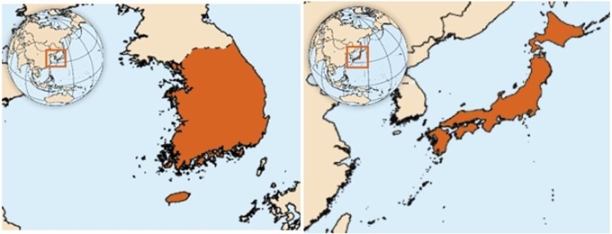 WHO 사이트의 한국 지도에는 없는 울릉도와 독도가 일본 지도에만 표시돼 있다. WHO 홈페이지 캡처