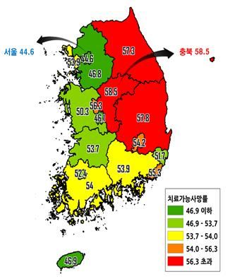 지역별 치료가능 사망률(10만명 당, 2017년 보건복지부 자료)