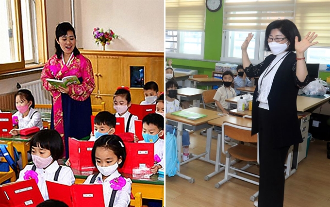 3일 개학한 평양시 대동강구역 옥류소학교의 수업 장면. 학생들은 마스크를 착용하고 있는 데 반해 교사는 마스크를 착용하지 않고 있다(왼쪽). 지난달 27일 제주시 남광초등학교 1학년 3반 교실에서 마스크를 쓴 교사가 학생들과 인사를 나누고 있다. 메아리 홈페이지 캡처ㆍ제주=연합뉴스