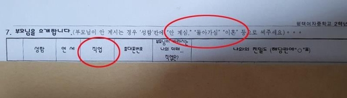 경기 평택의 한 여자중학교에서 부모 직업과 이혼 여부를 묻는 설문지를 돌려 논란이다. 설문지내 부모의 직업과 이혼 여부 등을 묻는 문항. 연합뉴스