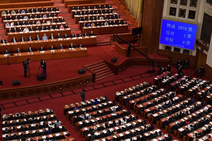 지난달 28일 중국 베이징 인민대회당에서 열린 전국인민대표대회 전체회의에서 홍콩 국가보안법(홍콩보안법) 초안이 통과된 후 대형 전광판에 표결 결과가 표시돼 있다. 베이징=AFP 연합뉴스