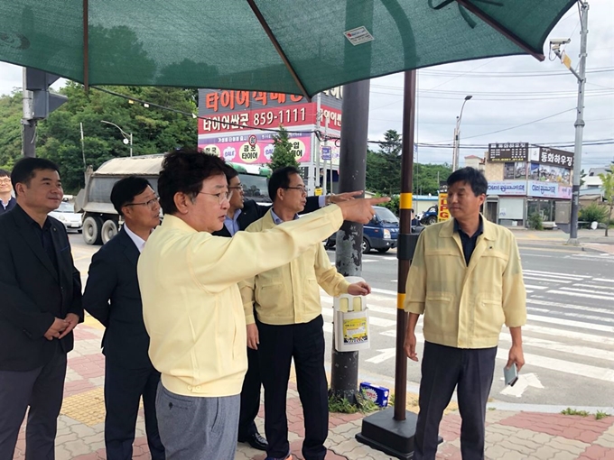 지난해 그늘막 설치현장을 점검하는 권영세 안동시장. 안동시 제공.