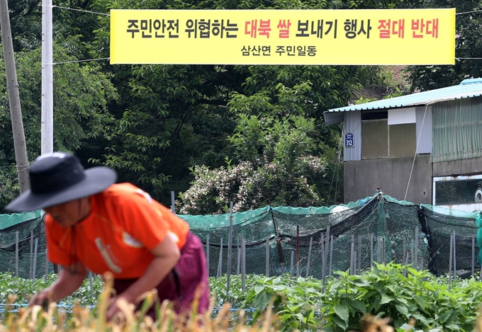 대북전단 살포와 관련해 북측이 강경한 입장을 취하며 남북관계가 경색되고 있는 가운데 10일 오전 인천시 강화군 삼산면 석모도 농가 주변에 탈북민 단체의 대북 쌀 보내기 행사를 반대하는 지역주민들의 현수막이 걸려 있다. 뉴시스