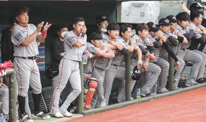 10일 부산 롯데-한화전에서 김태균을 비롯한 한화 선수들이 경기를 지켜보고 있다. 부산=연합뉴스