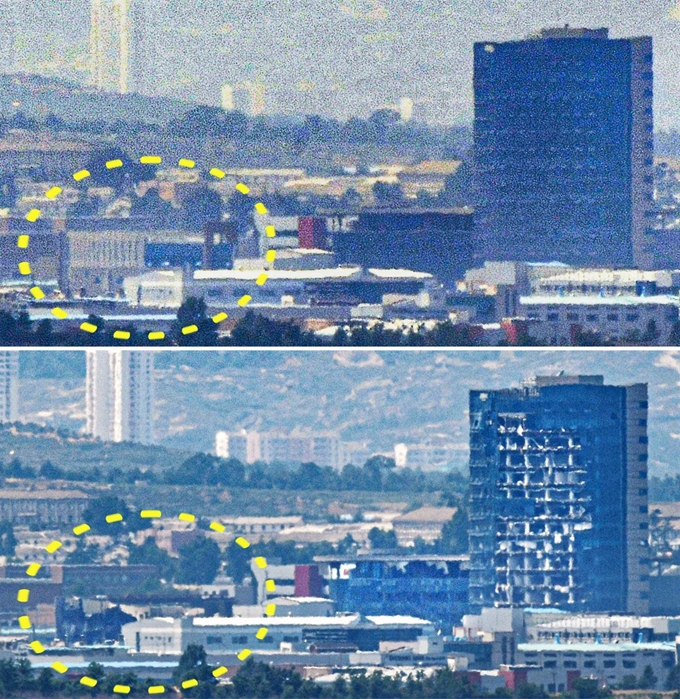 경기 파주시 군내면에서 촬영한 개성공단 일대의 16일(위 사진)과 17일 모습. 남북공동연락사무소(노란색 타원 안)를 비롯한 인근 건물들이 폭파 하루만에 파괴돼 있다. 파주=고영권 기자 배우한 기자