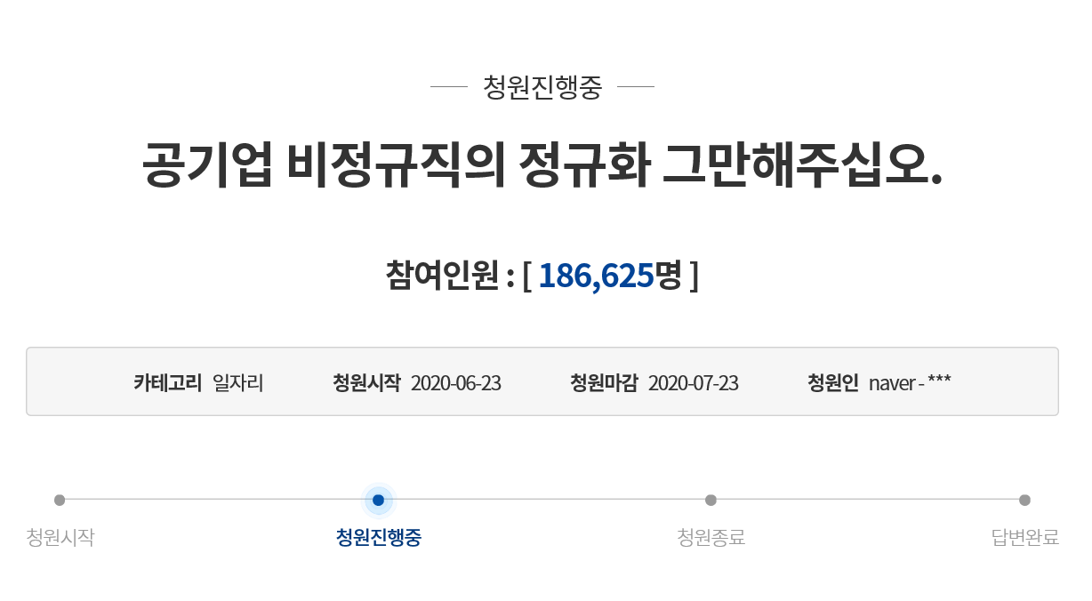 청와대 홈페이지에 인천국제공항공사의 비정규직 정규직화에 반대하는 국민청원이 올라와있다. 청와대 국민청원 게시판